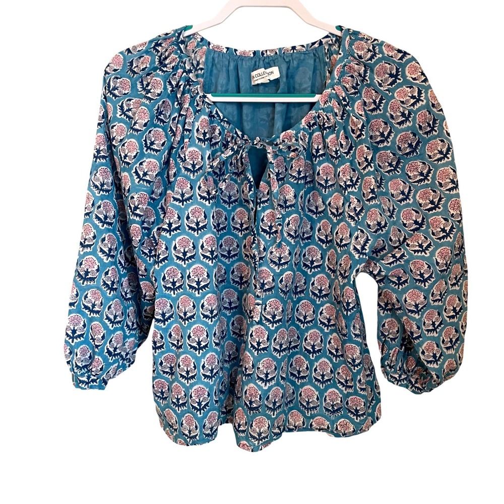 Emerson Fry India Collection Lucy Peasant Top Floral Block Print XS Blue Pink